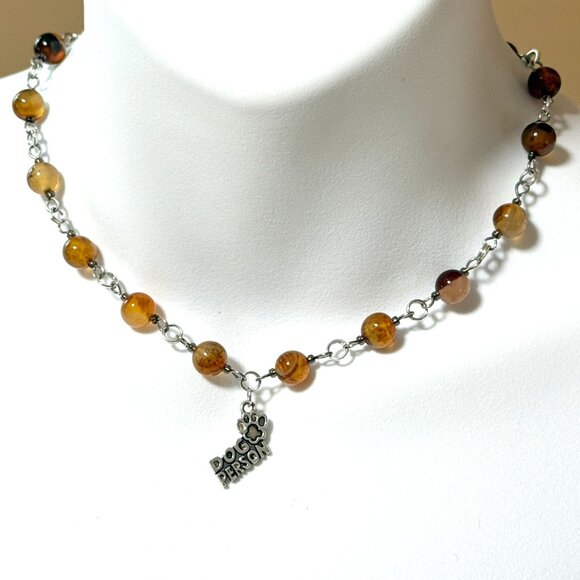 Genuine Earthy Carnelian Agate Short Necklace, Gemstone & Dog Person Paw Print - Picture 2 of 15
